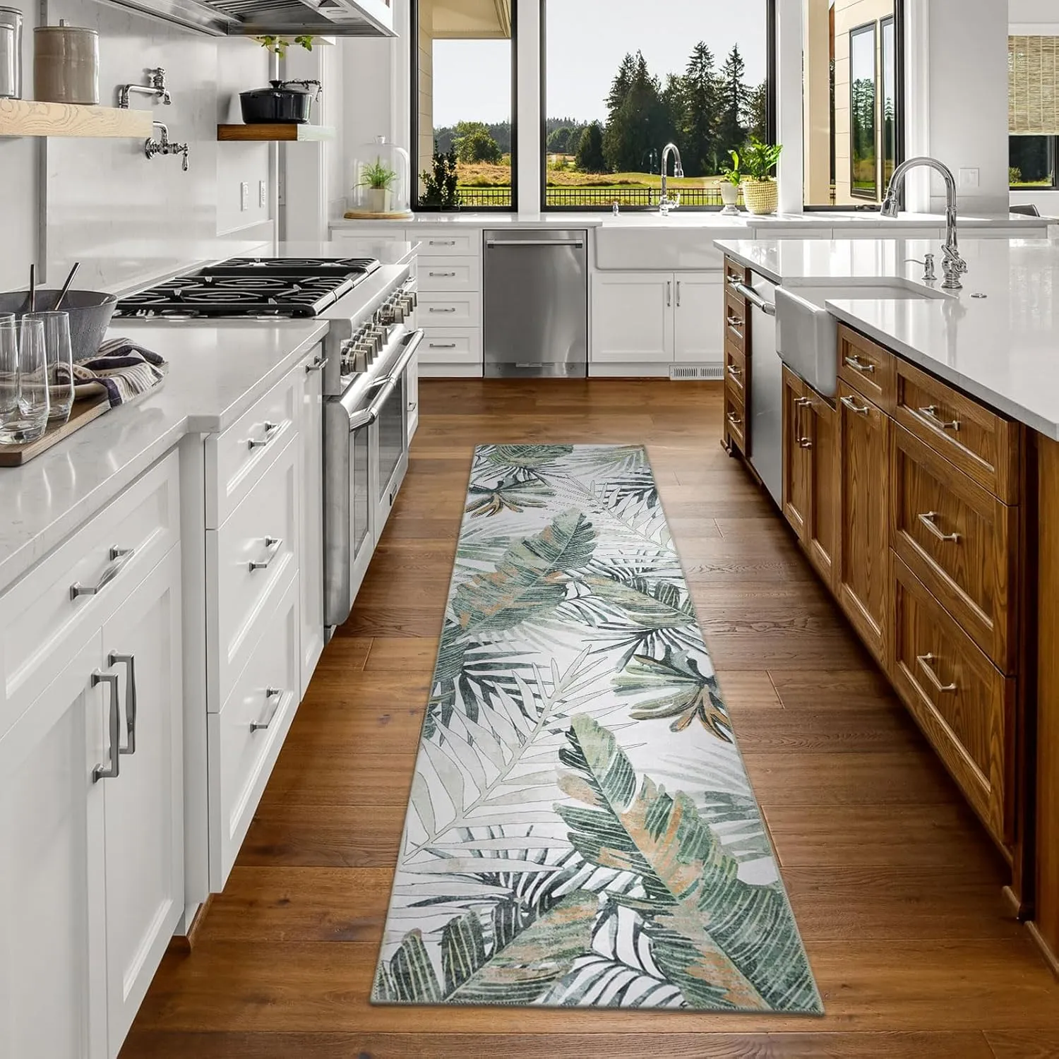 DECOMALL Jasmine Runner Rug for Hallway Kitchen, Washable Long Rugs,Foldable Palm Leaf Carpet for Entryway, 2'6"x9', Green/Multi