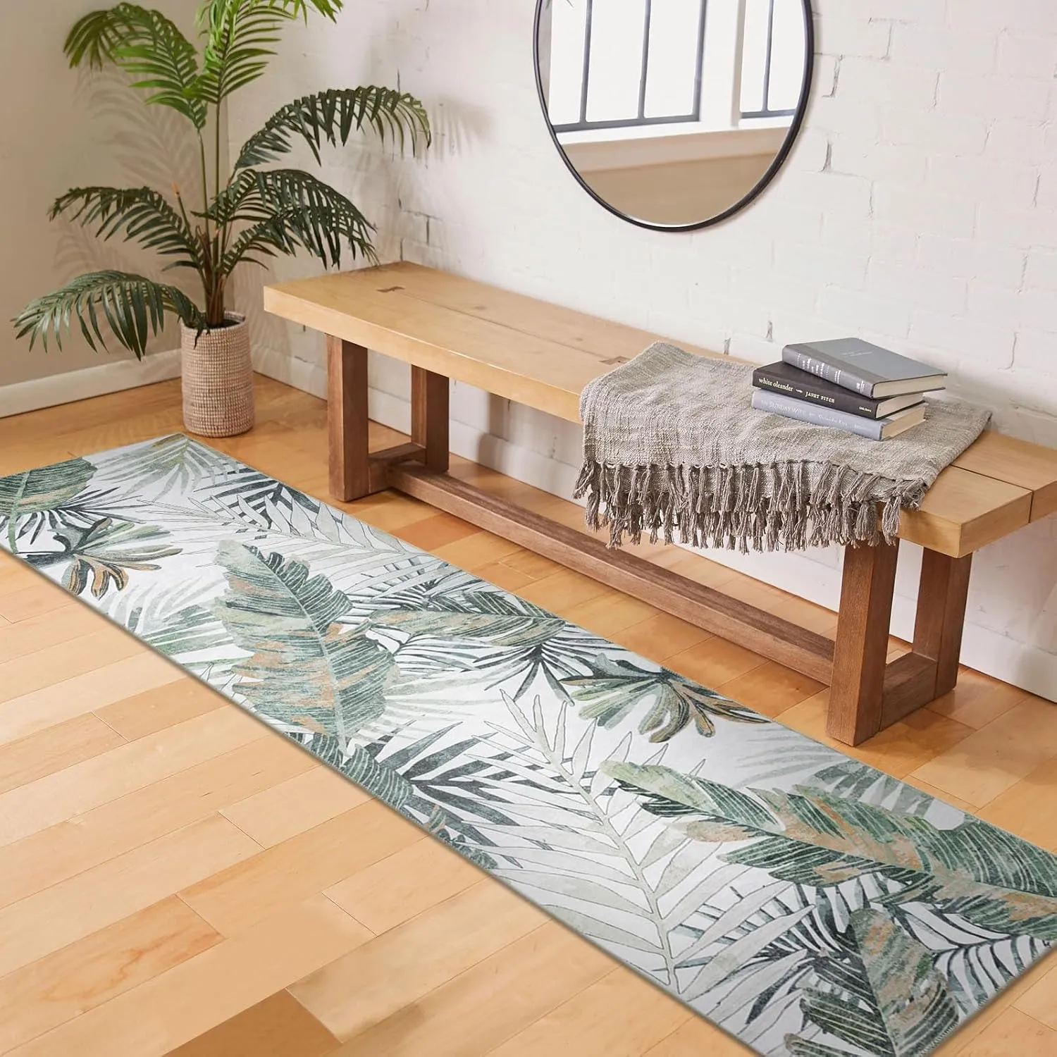 DECOMALL Jasmine Runner Rug for Hallway Kitchen, Washable Long Rugs,Foldable Palm Leaf Carpet for Entryway, 2'6"x9', Green/Multi