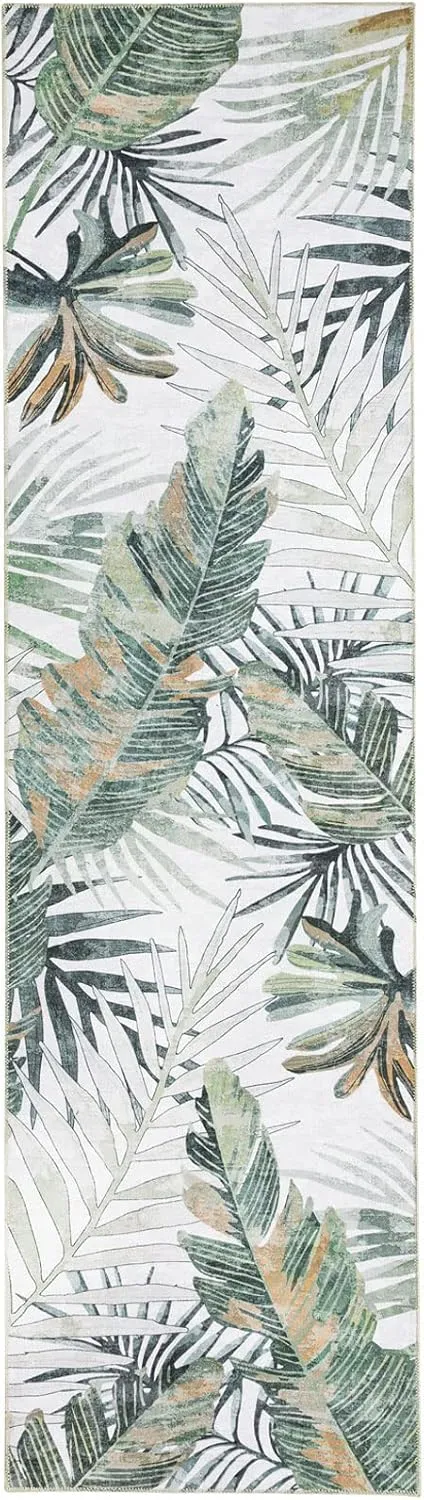 DECOMALL Jasmine Runner Rug for Hallway Kitchen, Washable Long Rugs,Foldable Palm Leaf Carpet for Entryway, 2'6"x9', Green/Multi