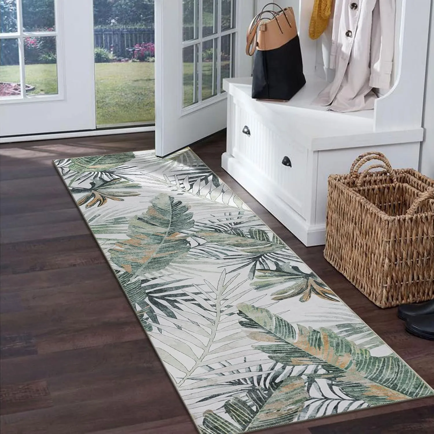 DECOMALL Jasmine Runner Rug for Hallway Kitchen, Washable Long Rugs,Foldable Palm Leaf Carpet for Entryway, 2'6"x9', Green/Multi