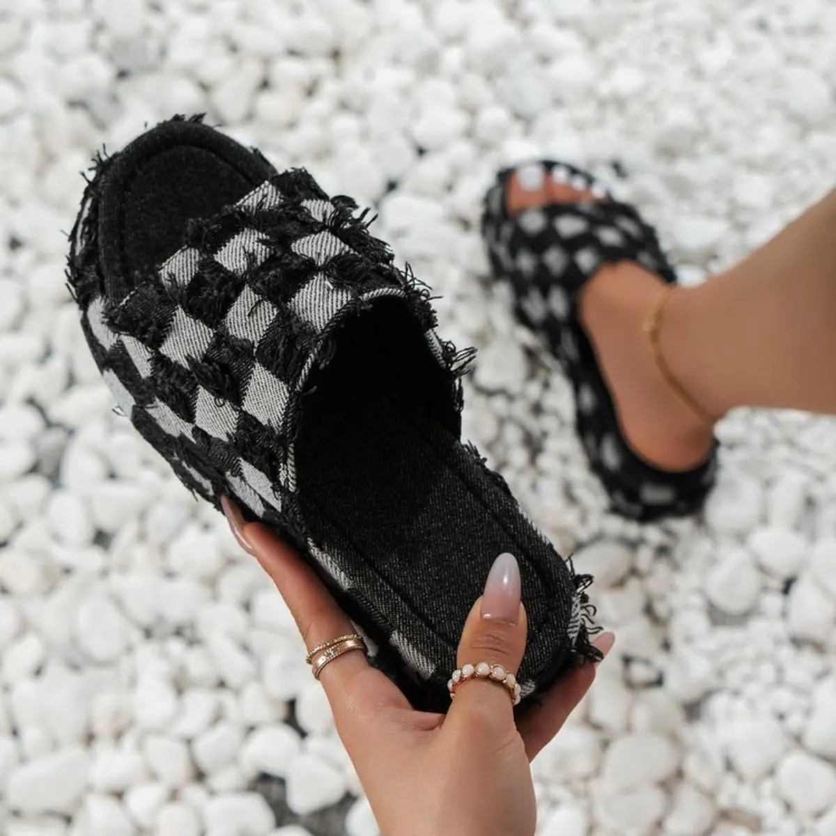 Denim Checkered Platform Women Blue Jeans Sandals Summer Thick Bottom Slides Comfy Casual Non-slips Slippers