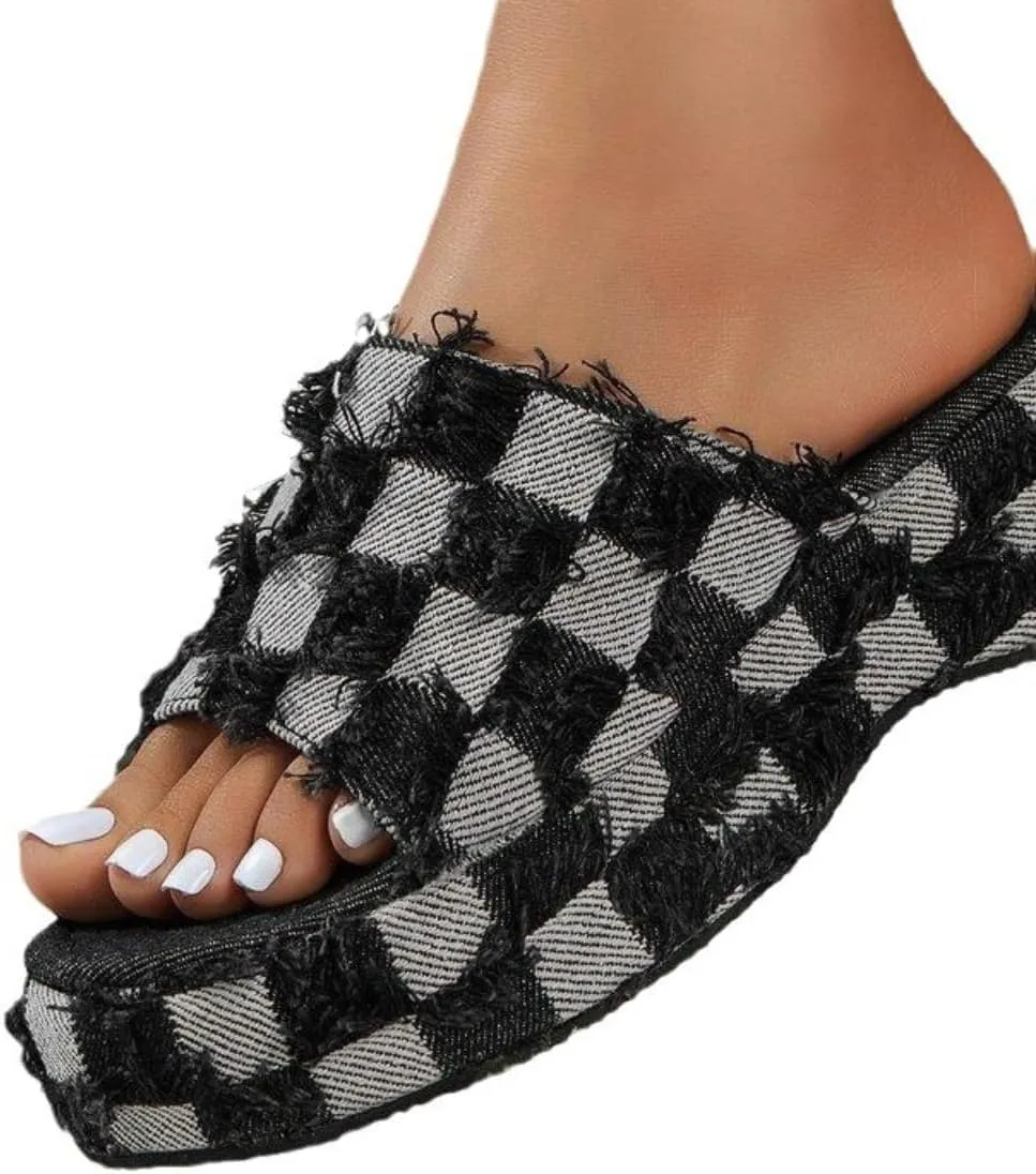 Denim Checkered Platform Women Blue Jeans Sandals Summer Thick Bottom Slides Comfy Casual Non-slips Slippers