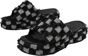 Denim Checkered Platform Women Blue Jeans Sandals Summer Thick Bottom Slides Comfy Casual Non-slips Slippers