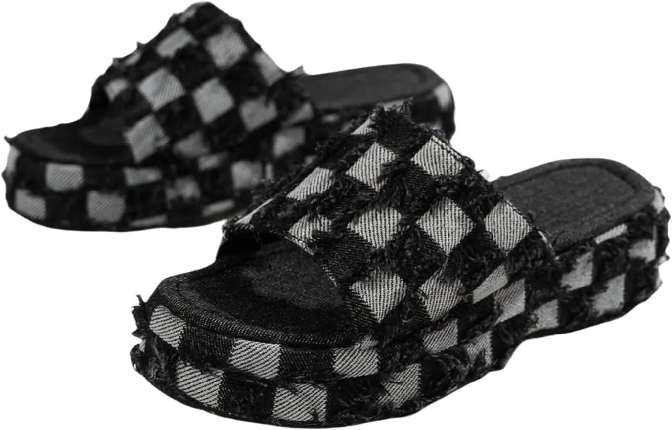 Denim Checkered Platform Women Blue Jeans Sandals Summer Thick Bottom Slides Comfy Casual Non-slips Slippers
