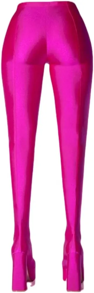 DETOGNI Women's Stretch Chunky Heel Platform Square Toe Pant Boot Shiny Spandex Fabrication High-Waisted Legging Pant Boot