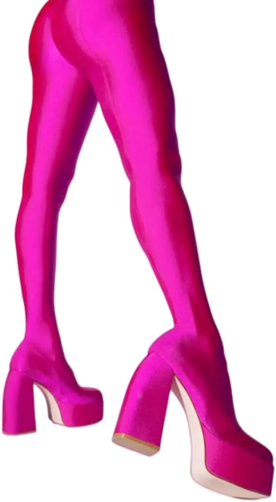 DETOGNI Women's Stretch Chunky Heel Platform Square Toe Pant Boot Shiny Spandex Fabrication High-Waisted Legging Pant Boot