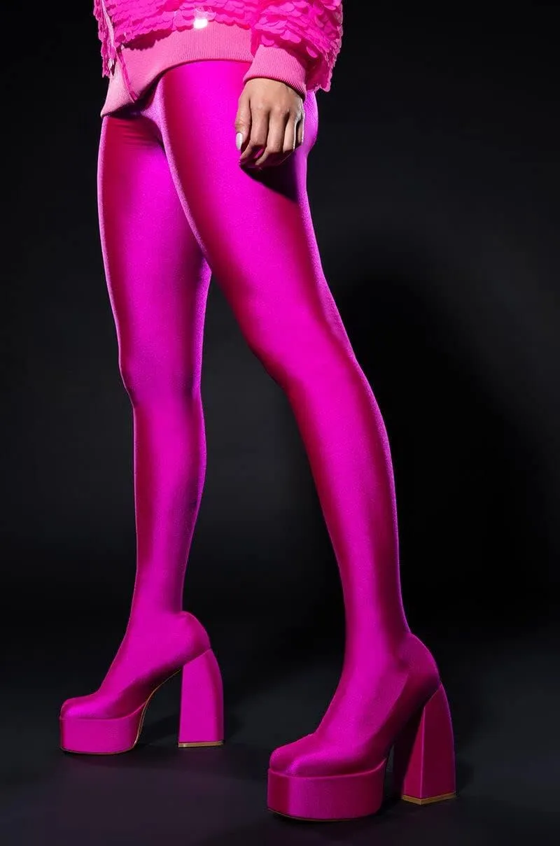 DETOGNI Women's Stretch Chunky Heel Platform Square Toe Pant Boot Shiny Spandex Fabrication High-Waisted Legging Pant Boot