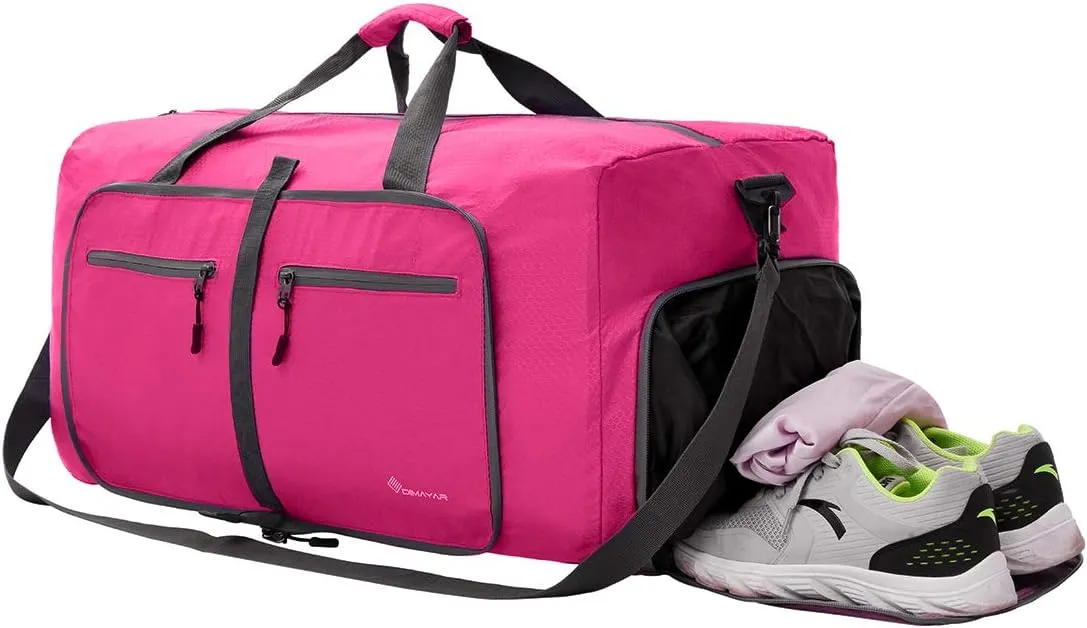Dimayar Travel Duffle Bag for Men Women - Foldable Duffel Bag with Shoes Compartment - Overnight Bags Waterproof & Tear Resistant(115L,Fuchsine)