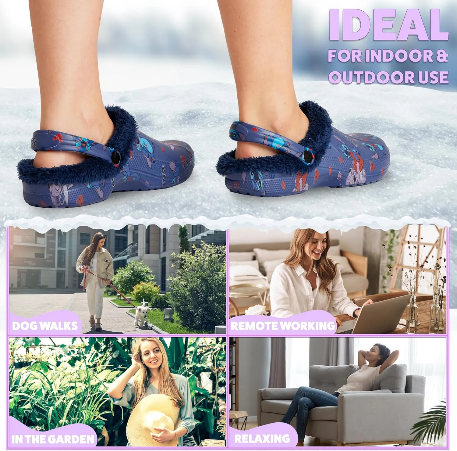 Disney Stitch Clogs Womens Winter Fleece Lining & Removable Charms - Warm Slip On Garden Shoes with Strap
