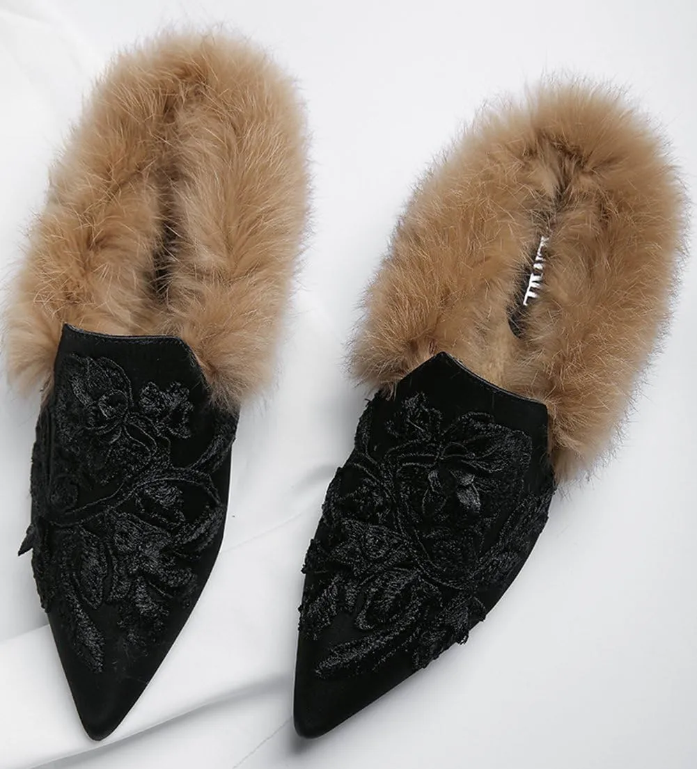 Divanne Slip On Loafers, Womens Embroidery Mule Shoes with Plush Lamb Fur Velvet Backless Pointed Toe Mule Slide
