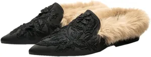 Divanne Slip On Loafers, Womens Embroidery Mule Shoes with Plush Lamb Fur Velvet Backless Pointed Toe Mule Slide