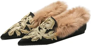 Divanne Slip On Loafers, Womens Embroidery Mule Shoes with Plush Lamb Fur Velvet Backless Pointed Toe Mule Slide