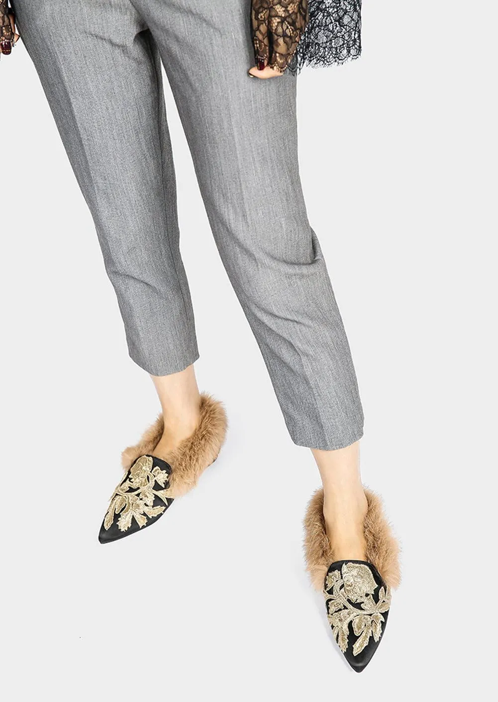 Divanne Slip On Loafers, Womens Embroidery Mule Shoes with Plush Lamb Fur Velvet Backless Pointed Toe Mule Slide