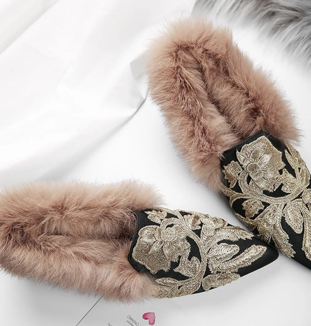 Divanne Slip On Loafers, Womens Embroidery Mule Shoes with Plush Lamb Fur Velvet Backless Pointed Toe Mule Slide