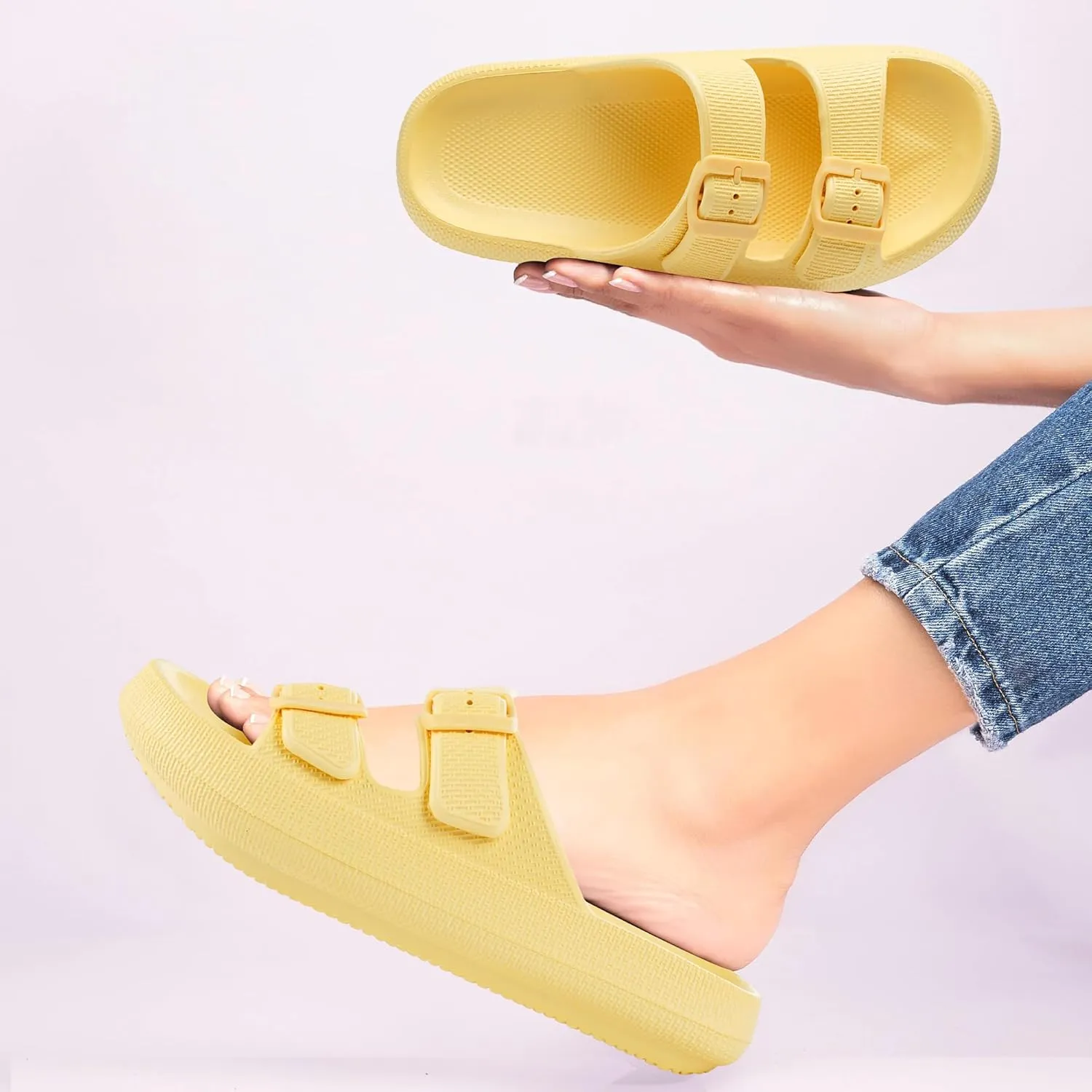 Dodow Womens Slide Sandals Adjustable Soft Cloud Comfort Slip On Flat Sandals