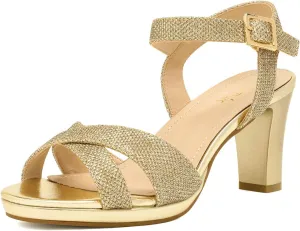 DREAM PAIRS Women's Chunky Heels Open Toe Ankle Strap Sparkly Heels Pump Sandals