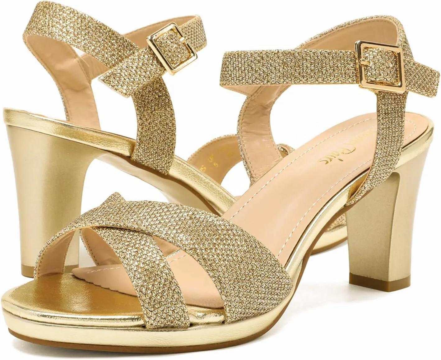 DREAM PAIRS Women's Chunky Heels Open Toe Ankle Strap Sparkly Heels Pump Sandals