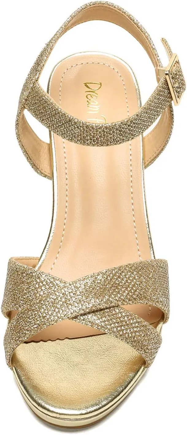 DREAM PAIRS Women's Chunky Heels Open Toe Ankle Strap Sparkly Heels Pump Sandals