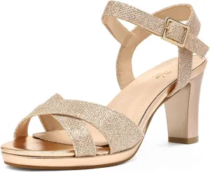 DREAM PAIRS Women's Chunky Heels Open Toe Ankle Strap Sparkly Heels Pump Sandals