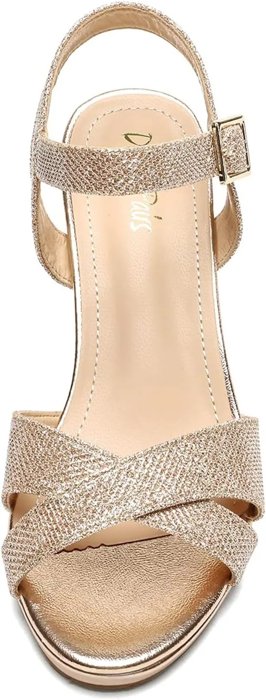 DREAM PAIRS Women's Chunky Heels Open Toe Ankle Strap Sparkly Heels Pump Sandals