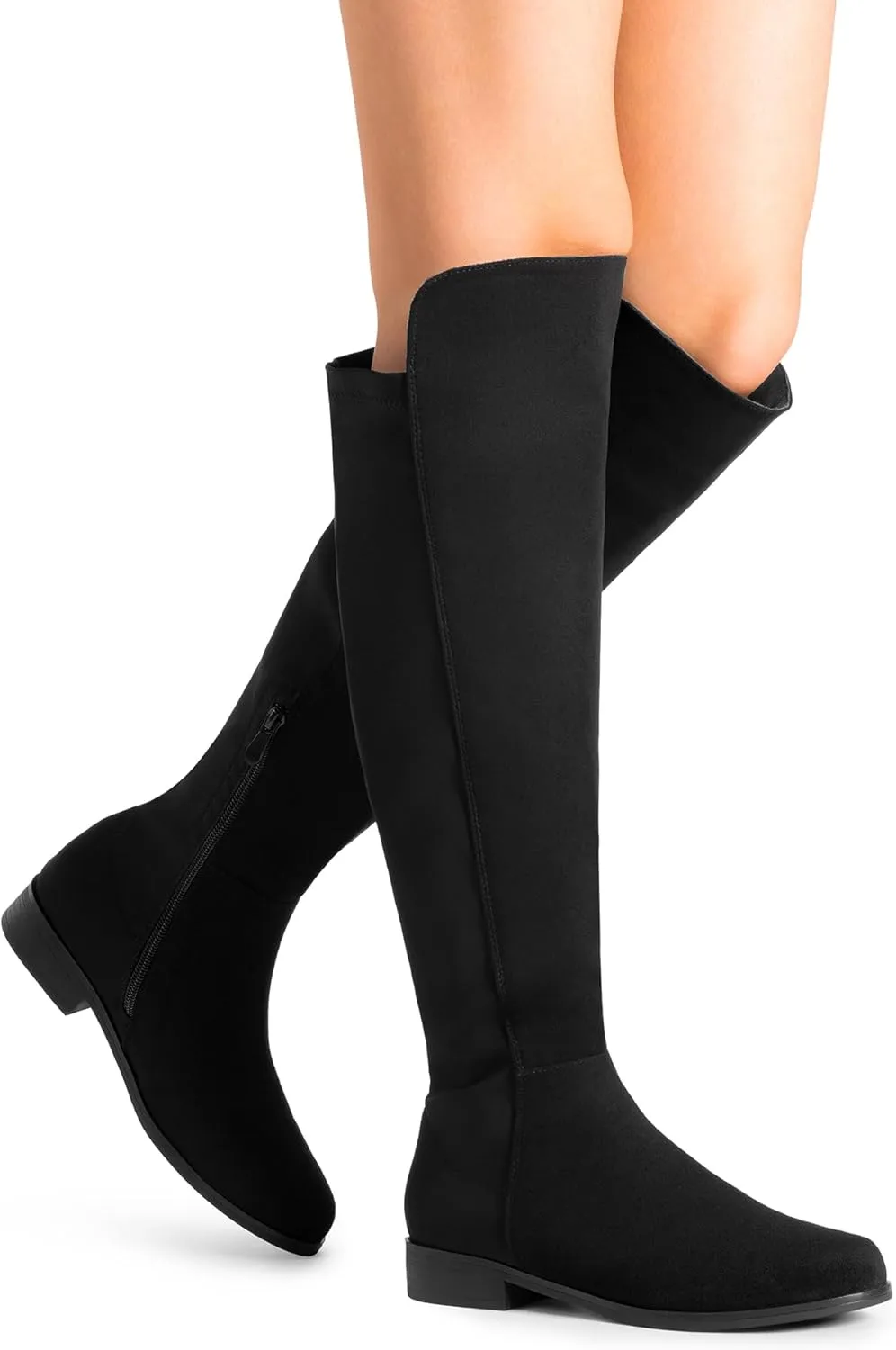 DREAM PAIRS Women's Knee-High Boots Comfortable Flat Low Heel Round Toe Stretchy Suede Slouch Boots with Side Zipper