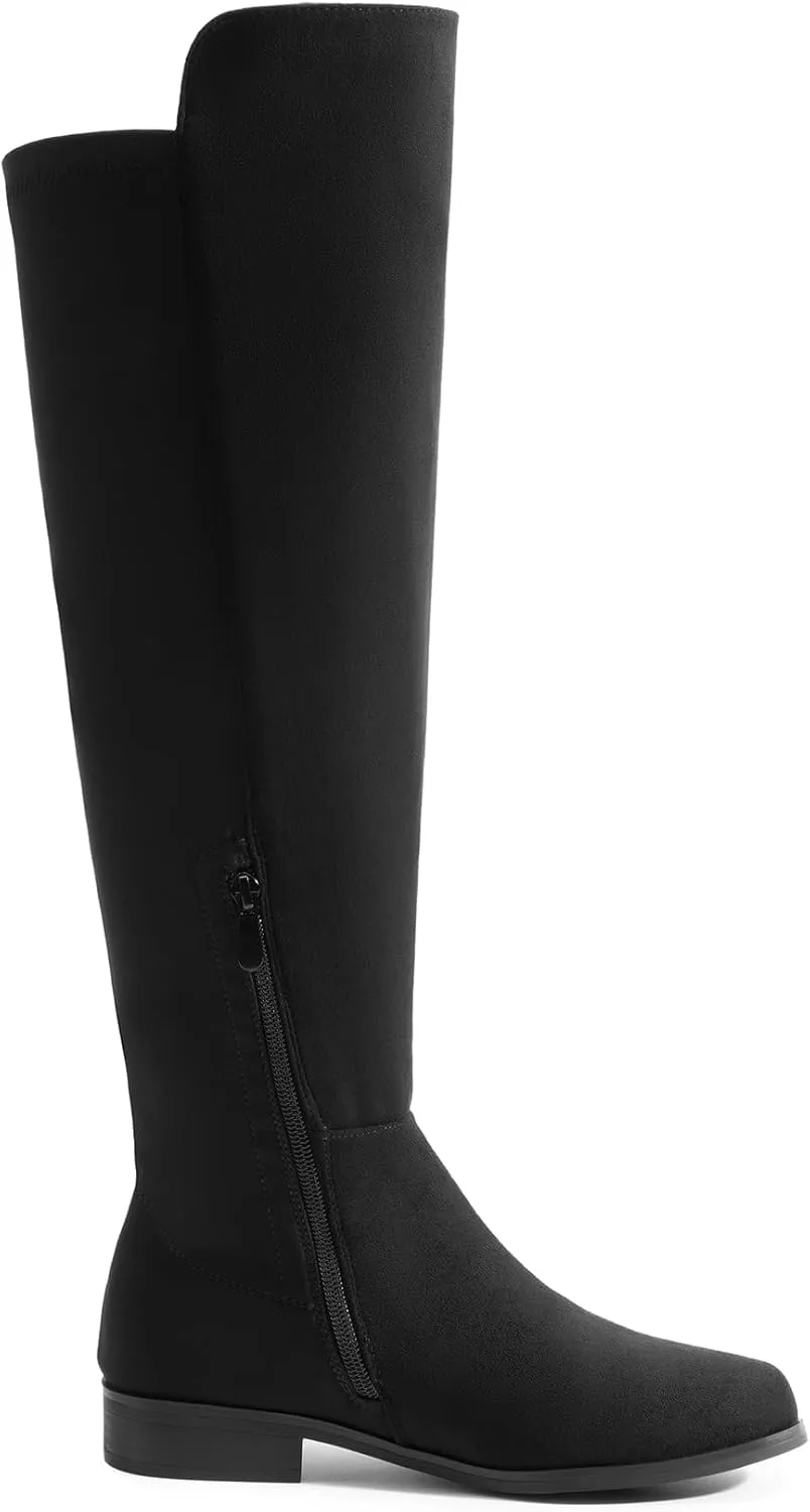 DREAM PAIRS Women's Knee-High Boots Comfortable Flat Low Heel Round Toe Stretchy Suede Slouch Boots with Side Zipper
