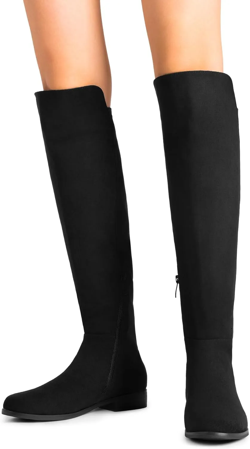 DREAM PAIRS Women's Knee-High Boots Comfortable Flat Low Heel Round Toe Stretchy Suede Slouch Boots with Side Zipper