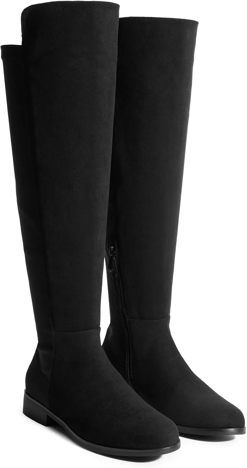 DREAM PAIRS Women's Knee-High Boots Comfortable Flat Low Heel Round Toe Stretchy Suede Slouch Boots with Side Zipper