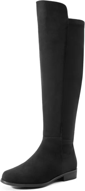 DREAM PAIRS Women's Knee-High Boots Comfortable Flat Low Heel Round Toe Stretchy Suede Slouch Boots with Side Zipper