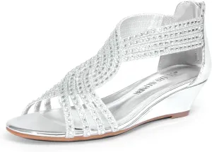 DREAM PAIRS Women's Open Toe Low Wedges Sandals Sparkly Rhinestone Strappy Zipper Weeding Dressy Elegant Summer Shoes for Lady