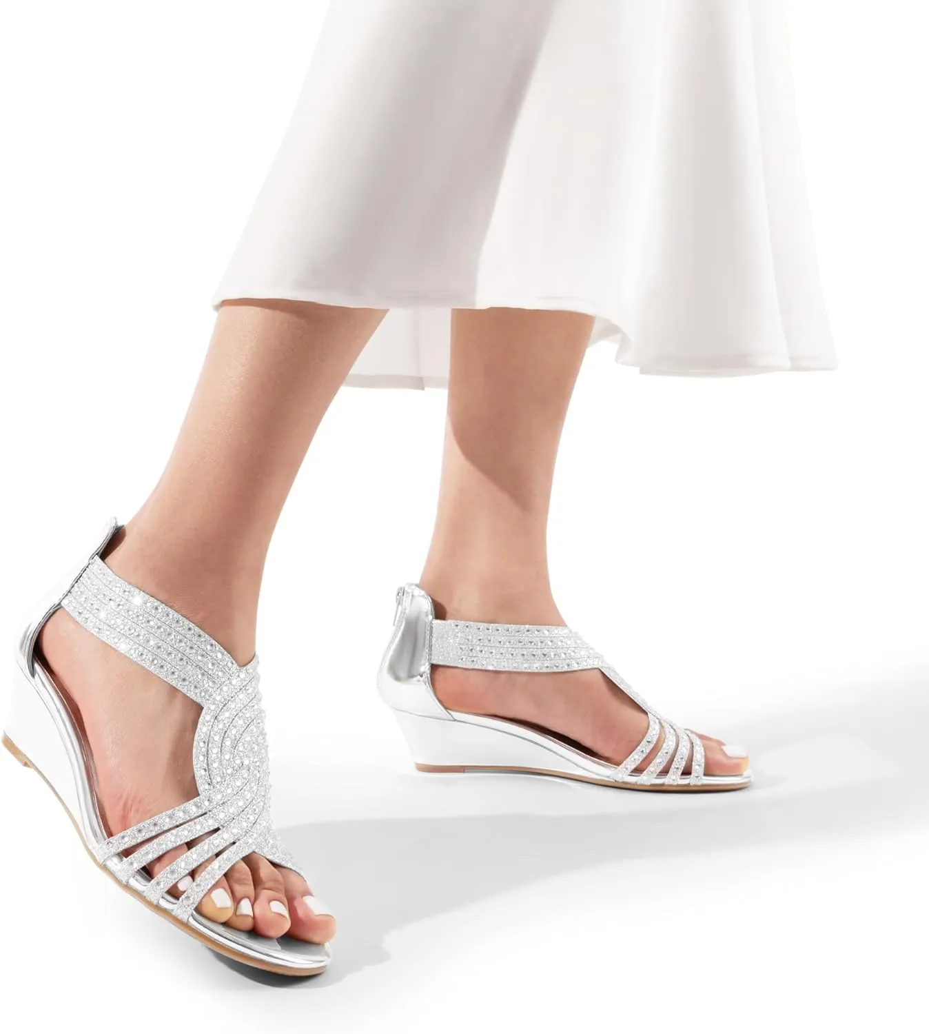 DREAM PAIRS Women's Open Toe Low Wedges Sandals Sparkly Rhinestone Strappy Zipper Weeding Dressy Elegant Summer Shoes for Lady