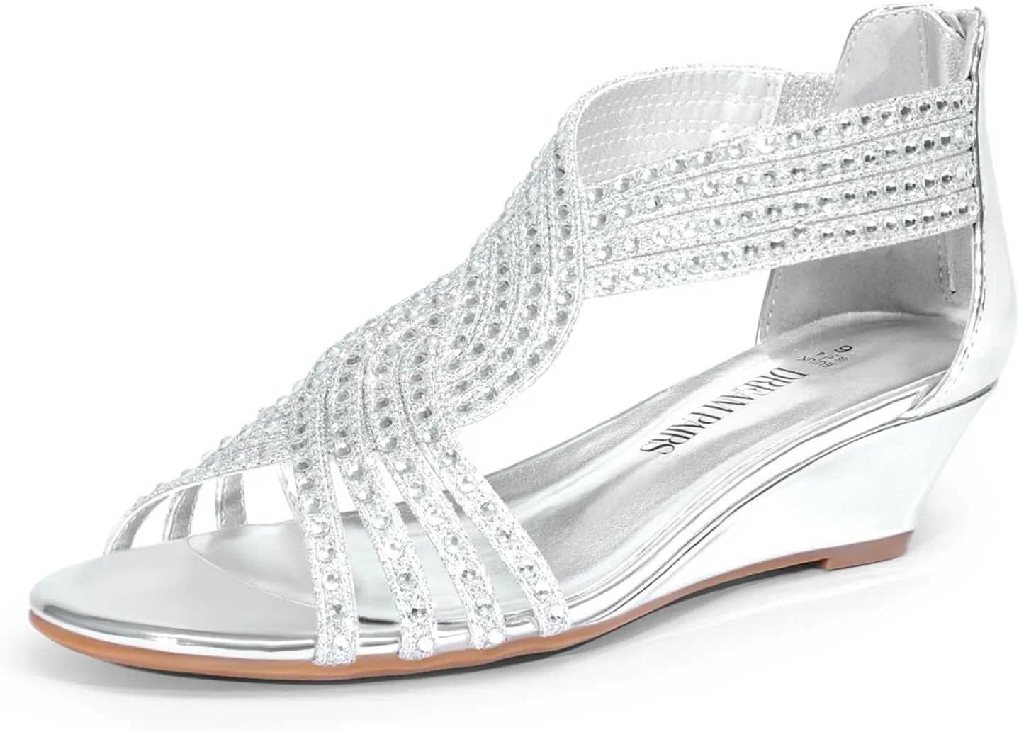 DREAM PAIRS Women's Open Toe Low Wedges Sandals Sparkly Rhinestone Strappy Zipper Weeding Dressy Elegant Summer Shoes for Lady