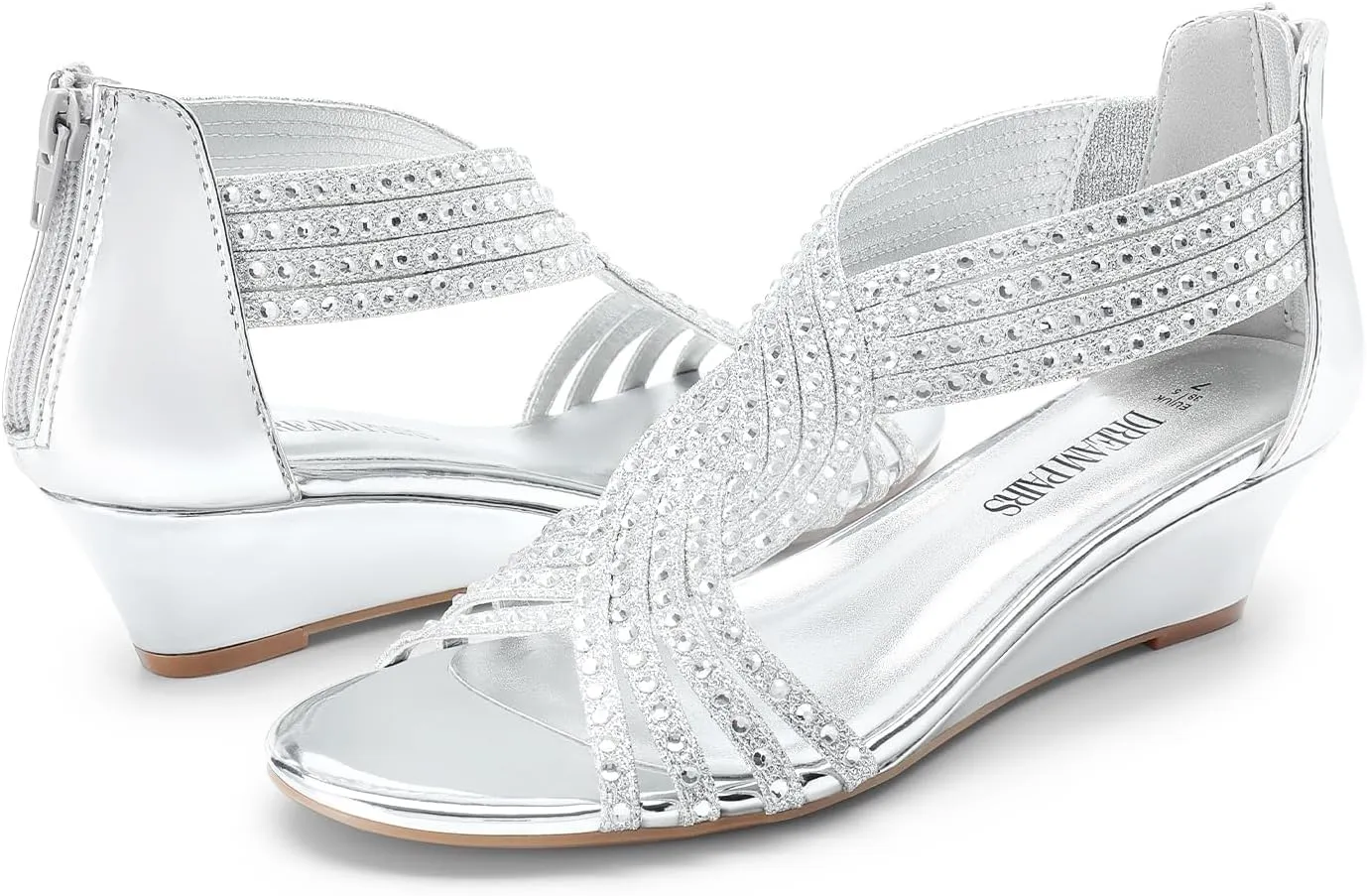 DREAM PAIRS Women's Open Toe Low Wedges Sandals Sparkly Rhinestone Strappy Zipper Weeding Dressy Elegant Summer Shoes for Lady