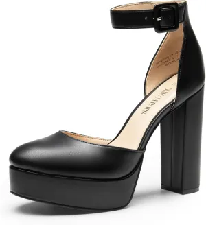 DREAM PAIRS Women's Platform High Chunky Heels Closed Toe Block Ankle Strap Dress Buckle Round Toe Wedding Party Comfortable Pumps Shoes