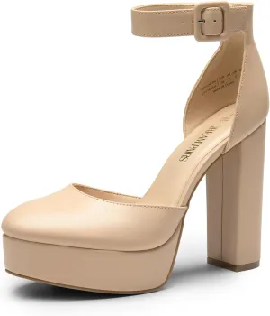 DREAM PAIRS Women's Platform High Chunky Heels Closed Toe Block Ankle Strap Dress Buckle Round Toe Wedding Party Comfortable Pumps Shoes