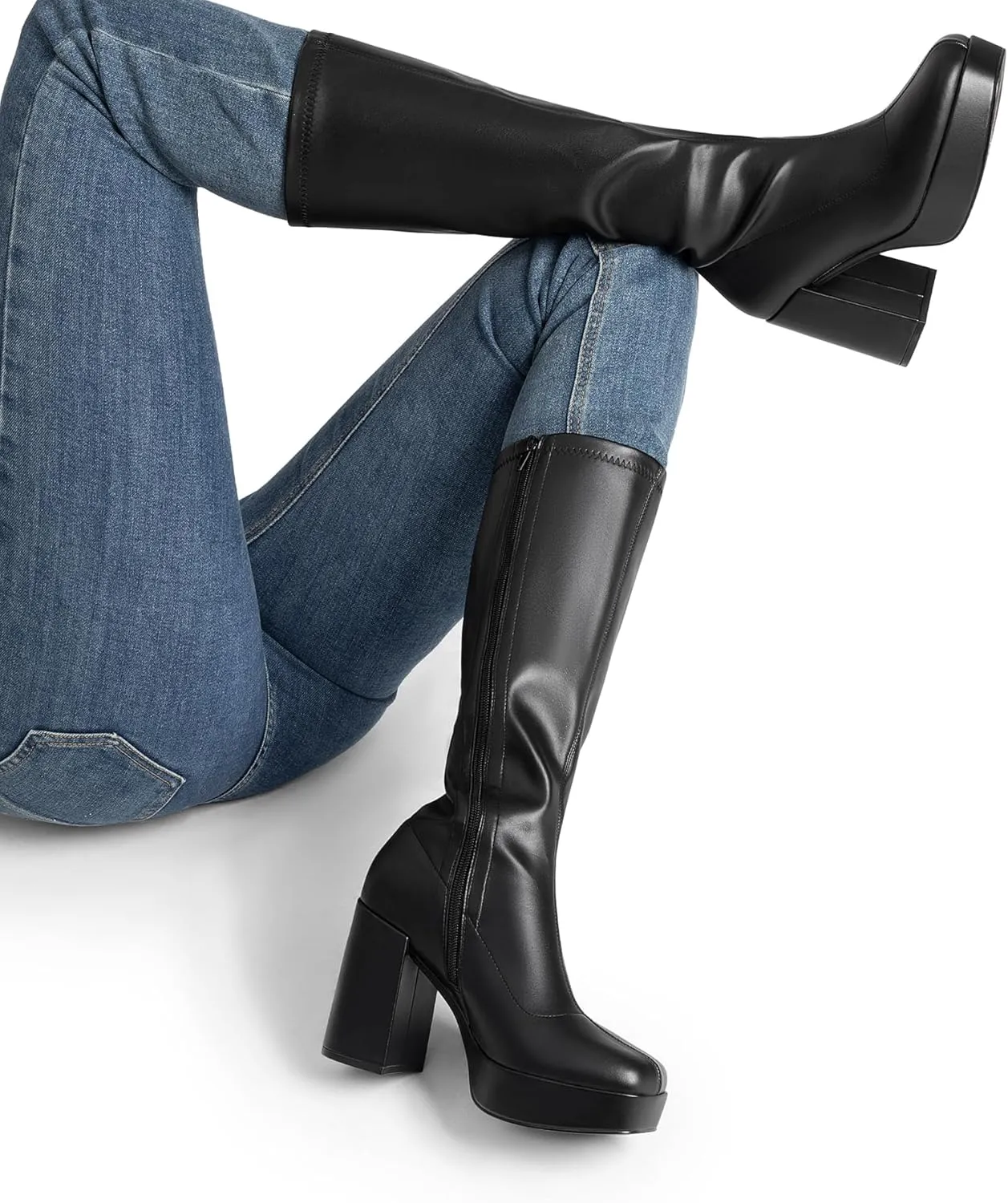 DREAM PAIRS Women's Platform Knee High Boots Chunky Block Heel Side Zipper Cute Gogo Boots