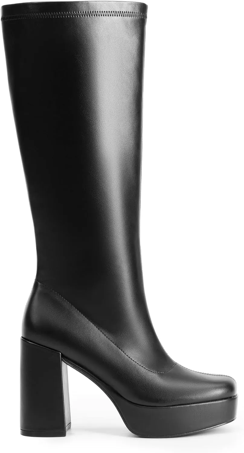 DREAM PAIRS Women's Platform Knee High Boots Chunky Block Heel Side Zipper Cute Gogo Boots