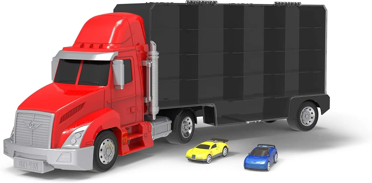 Driven by Battat – Large Toy Carrier Truck for Kids – Toy Transport Truck & 2 Toy Cars – Toy Pull-Back Cars – Pretend Play – 3 Years   – Turbo Transport
