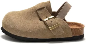 dubuto Kids Suede Clogs Toddler Clogs Boys Girls Leather Mules Slippers Cork Footbed Sandals Potato Shoes with Arch Support - Apricot - Size Todder 7