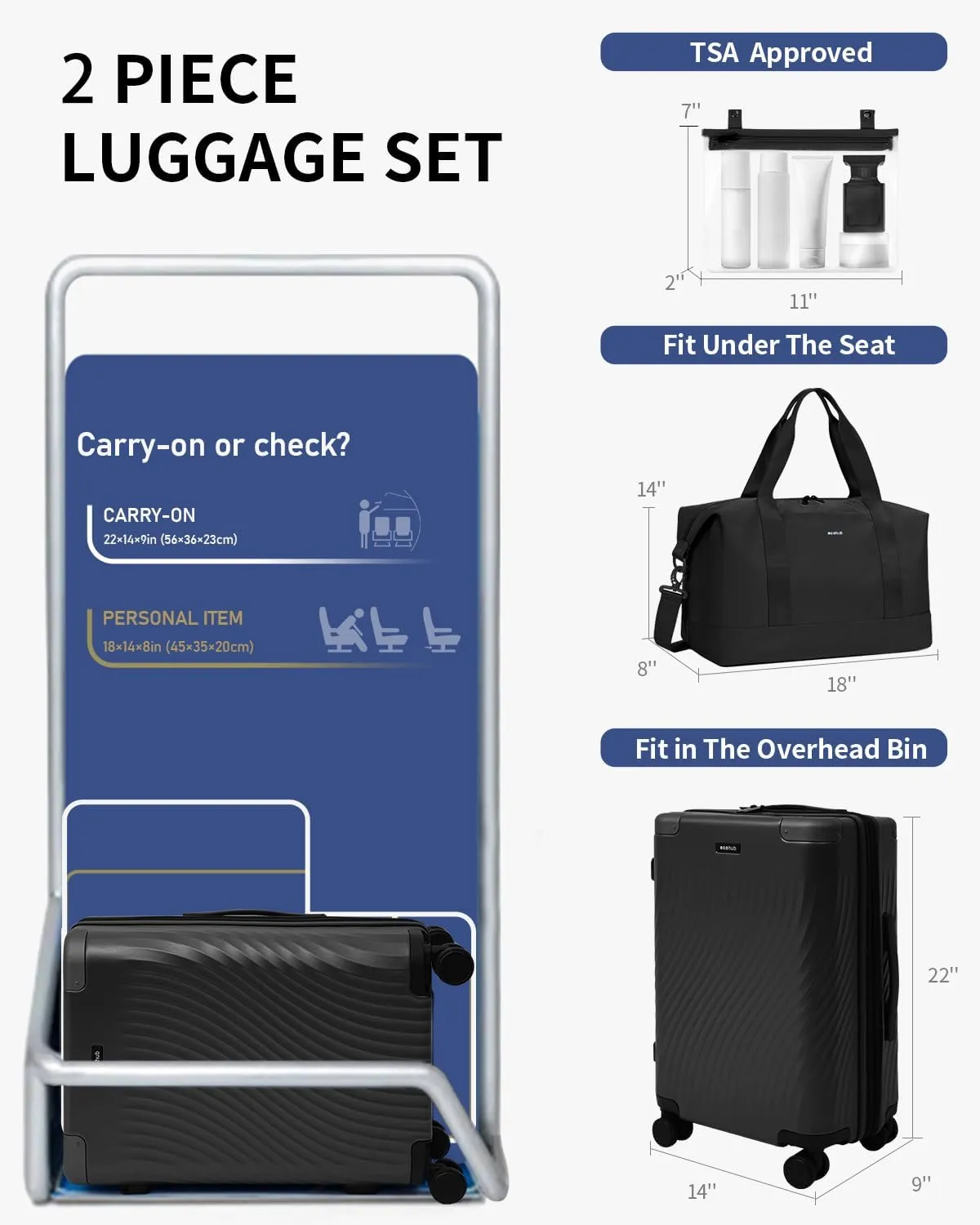 ECOHUB Hardside Expandable Carry On Luggage, 20" Rolling Luggage 22x14x9 Airline Approved with Spinner Wheels & TSA Lock, Lightweight Small Hardshell Travel Suitcase Valises, 20inch Carry-on Black