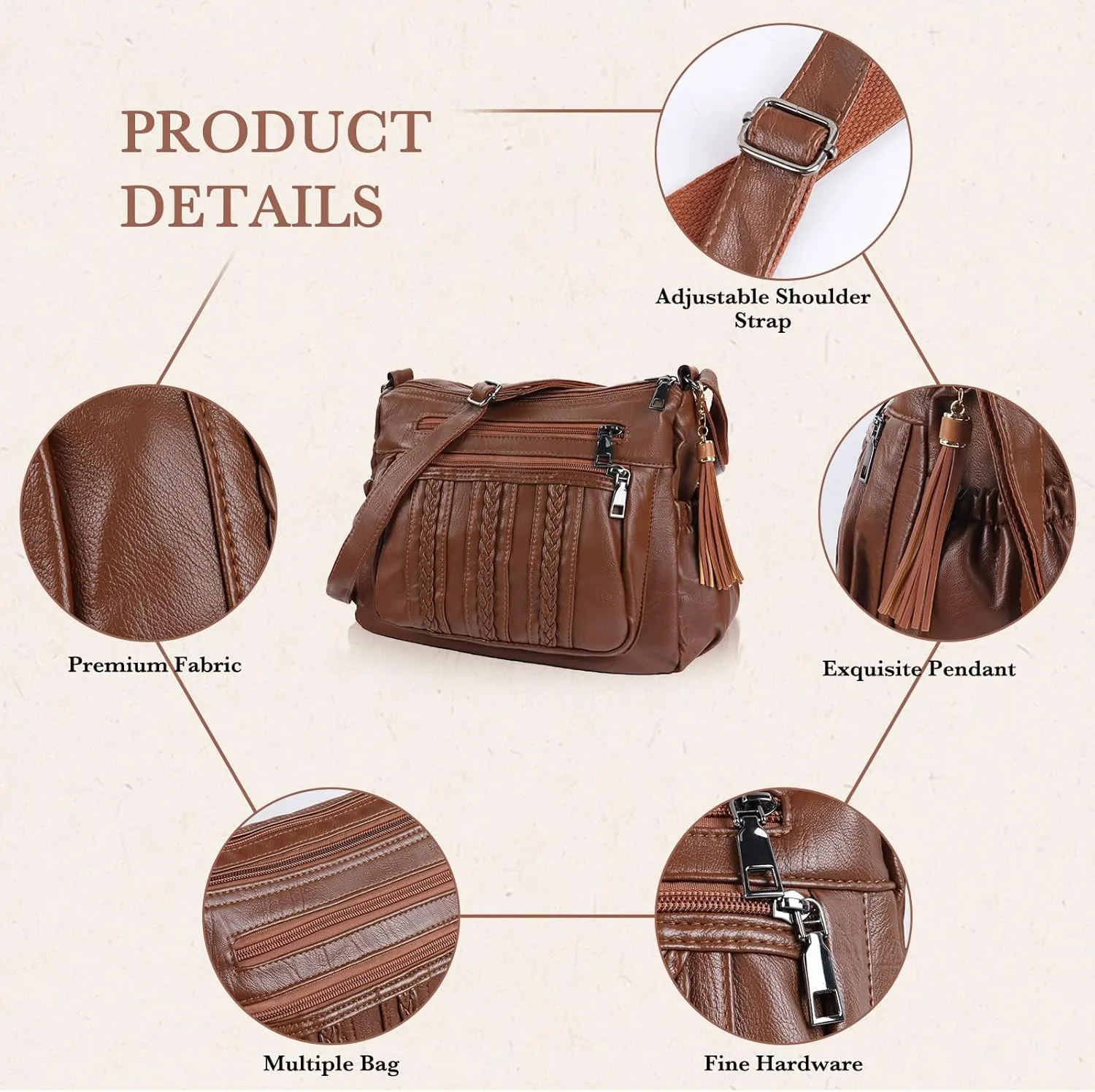 ELDA Purses for Women Pocketbooks Soft PU Leather Ladies Crossbody Purse Multi Pocket Shoulder Bag