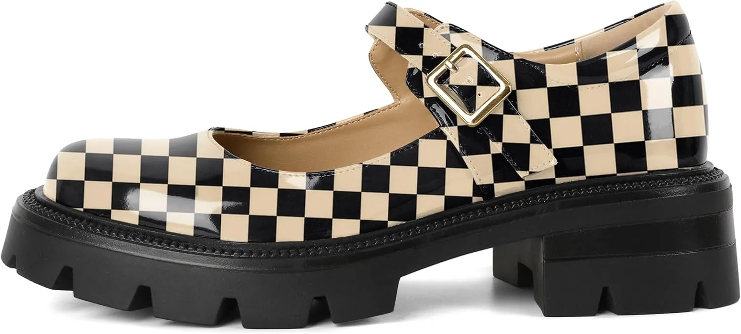 Eldof Women's Mary Jane Shoes Platform Lug Sole Low Heel Chunky Pumps Round Toe Ankle Strap Oxfords Dress Shoes for Uniform Graduation School Work 2 Inches