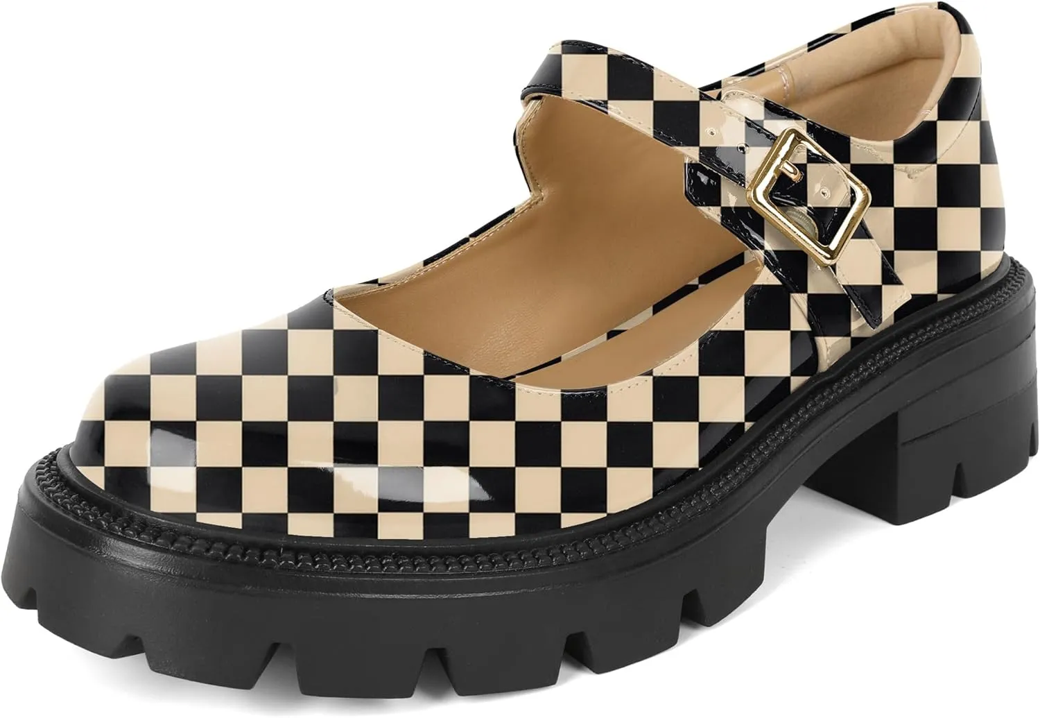 Eldof Women's Mary Jane Shoes Platform Lug Sole Low Heel Chunky Pumps Round Toe Ankle Strap Oxfords Dress Shoes for Uniform Graduation School Work 2 Inches