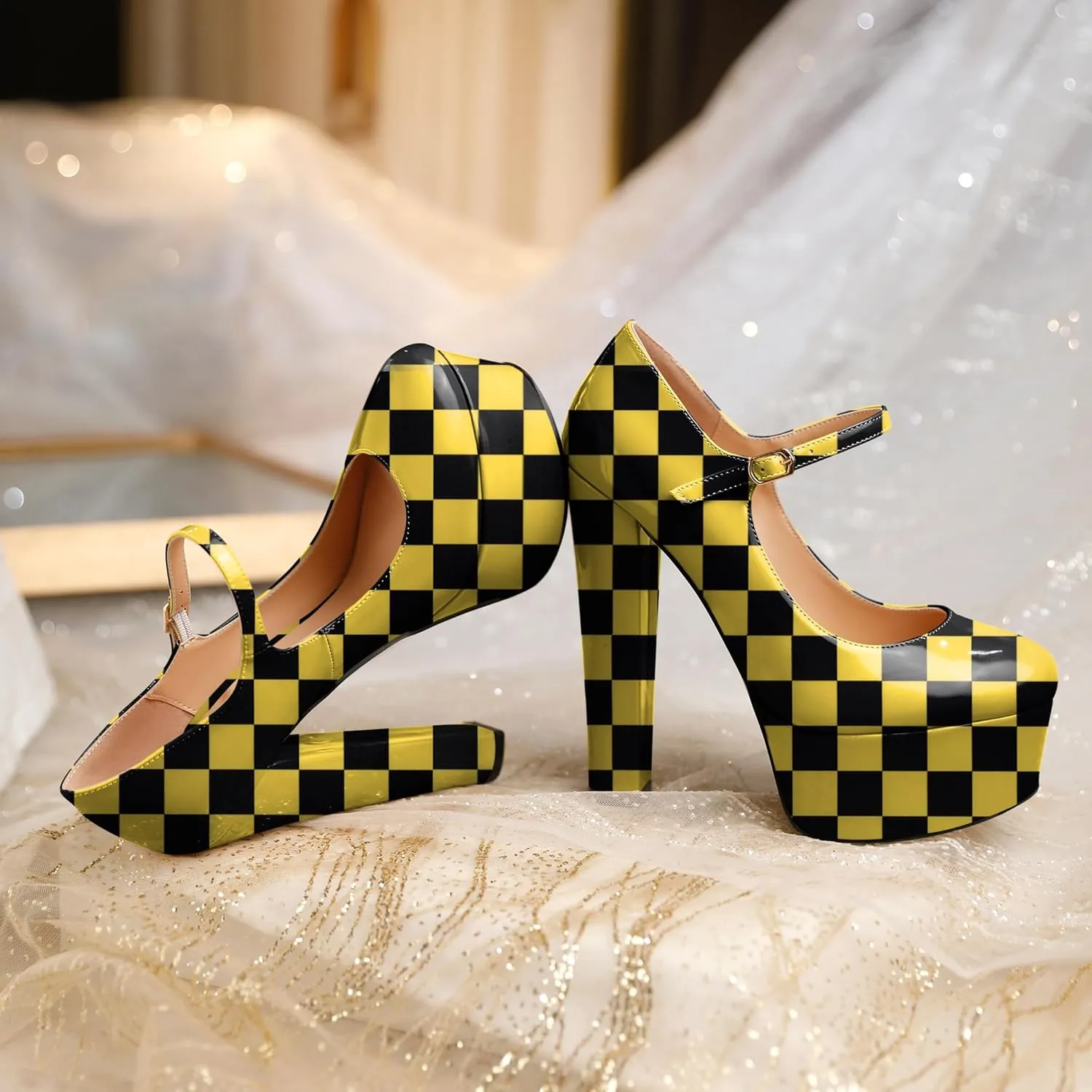Eldof Women's Round Closed Toe Platform Mary Jane Pumps Block Chunky High Heel Sexy Wedding Dressy Shoes 6 Inches