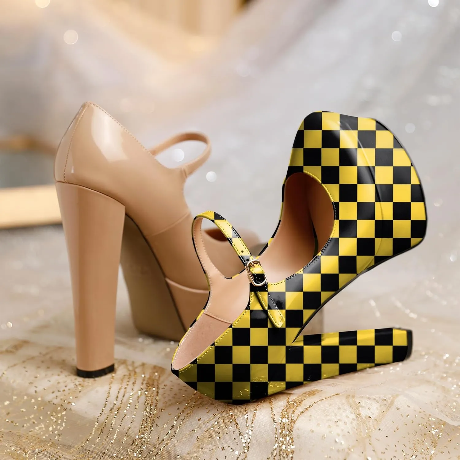 Eldof Women's Round Closed Toe Platform Mary Jane Pumps Block Chunky High Heel Sexy Wedding Dressy Shoes 6 Inches