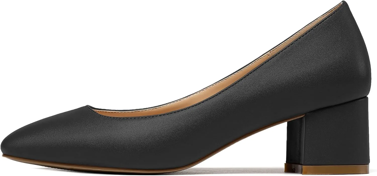 Eldof Women's Square Toe Mid Chunky Block Heel 2 Inch Pumps Slip On Elegant Block Heel Dress Shoes