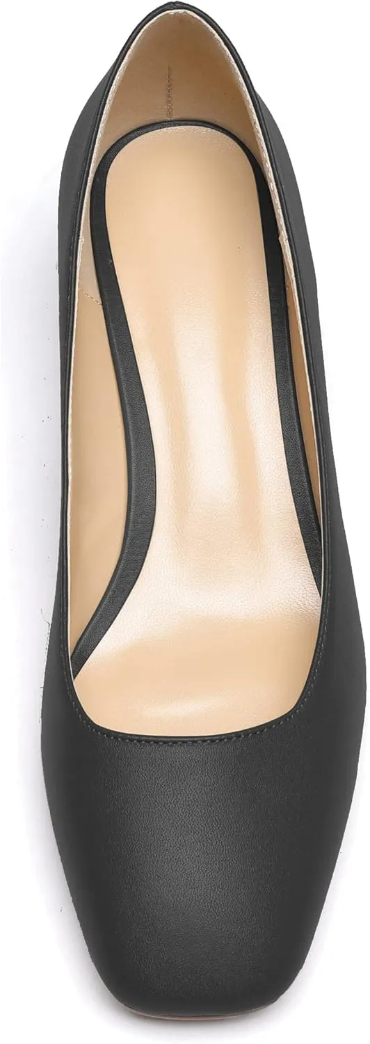 Eldof Women's Square Toe Mid Chunky Block Heel 2 Inch Pumps Slip On Elegant Block Heel Dress Shoes