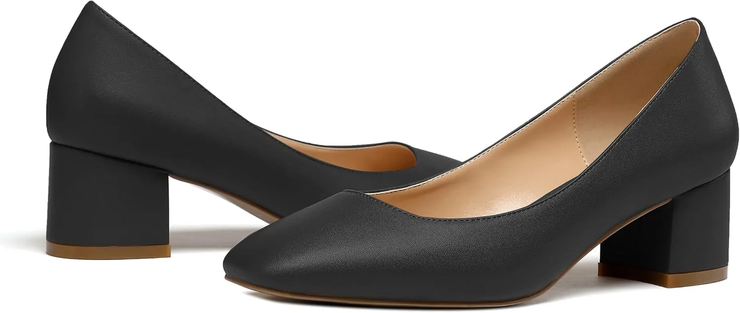 Eldof Women's Square Toe Mid Chunky Block Heel 2 Inch Pumps Slip On Elegant Block Heel Dress Shoes