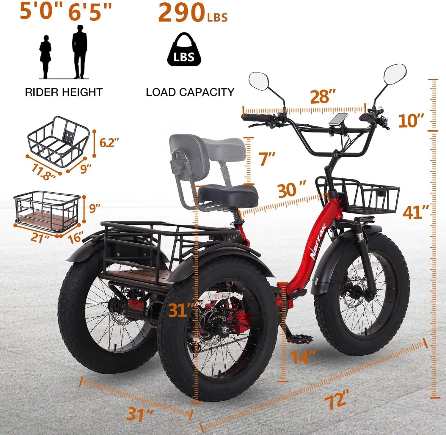 Electric Tricycle for Adults, 750W(Peak 1350W), 48V13Ah Ebike, 20"x4.0" Aluminum Folding Fat Tire 3 Wheel Electric Trike, Max 20MPH Hydraulic Brake, Rear Motor Differential