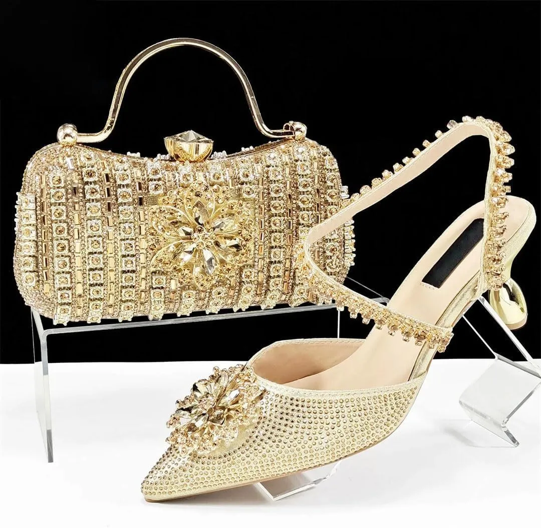 Elegant Dazzling Heels and Clutch Set Festive Party Shoes with Rhinestone Bags